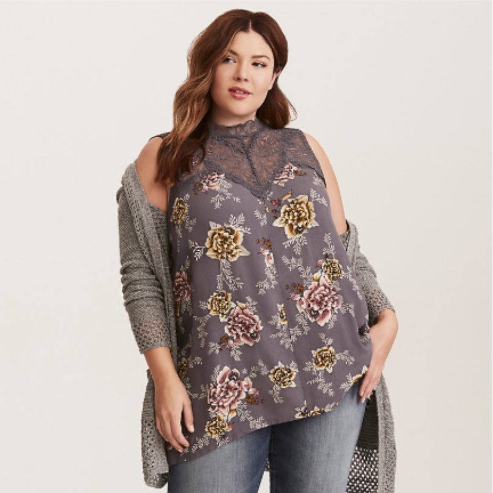 Torrid Lavender Grey Sharkbite Floral Tank